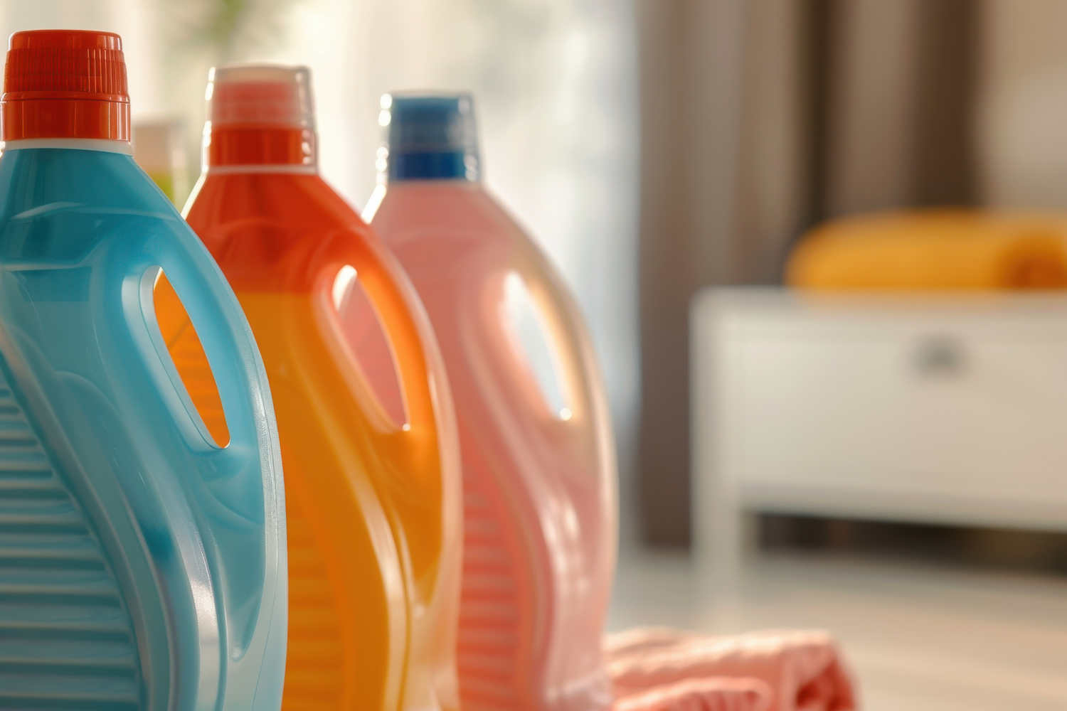 detergent bottles arranged in a modern laundry